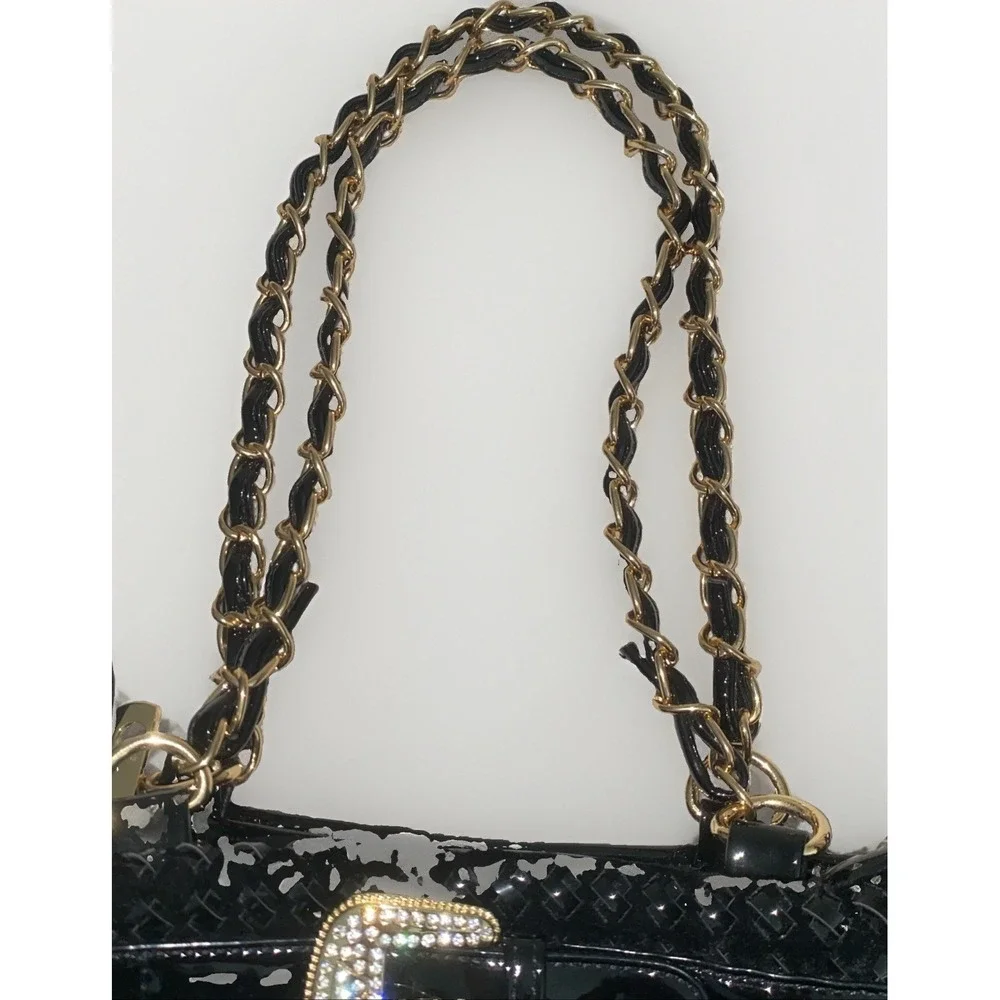 Rare Everything Blings Boutique Gold Stiletto Bling Handbag Black Fringe Purse